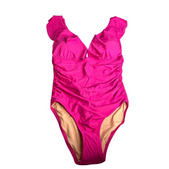 J Crew Ruched One Piece Swimsuit Ruffle V Neck Radiant Fuschia Pink Deep V NWT‎ - Picture 4 of 13